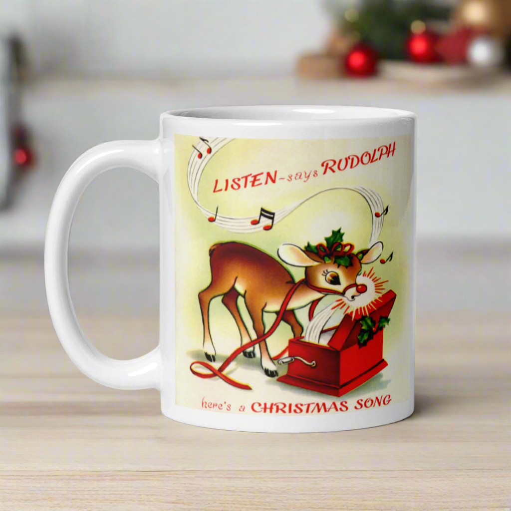Listen Says Rudolph Here's A Christmas Song Mid Century Retro Glossy Coffee Mug