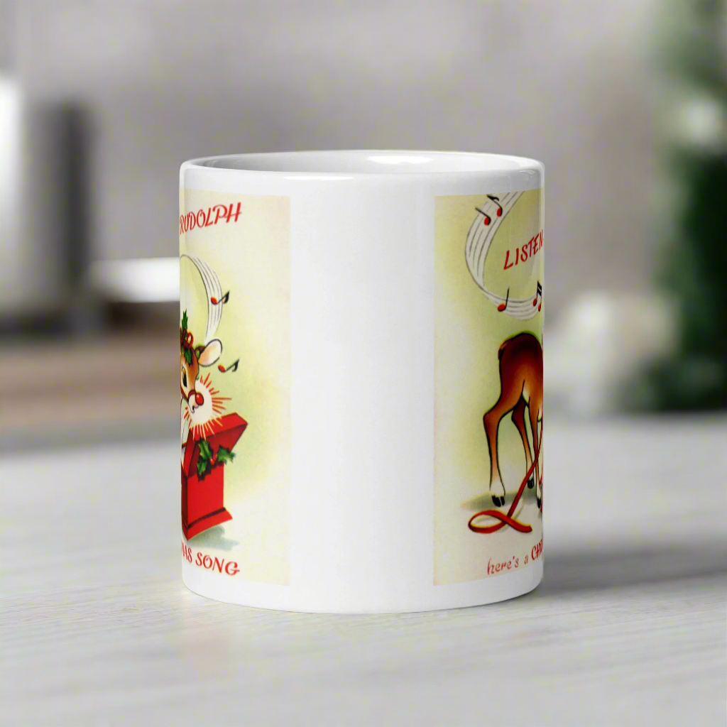 Listen Says Rudolph Here's A Christmas Song Mid Century Retro Glossy Coffee Mug