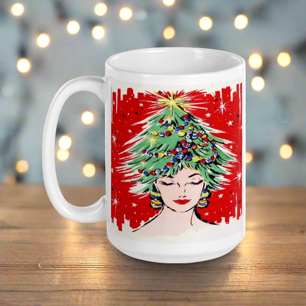 Christmas Tree Hat Lady Midcentury Retro Glossy Coffee Mug