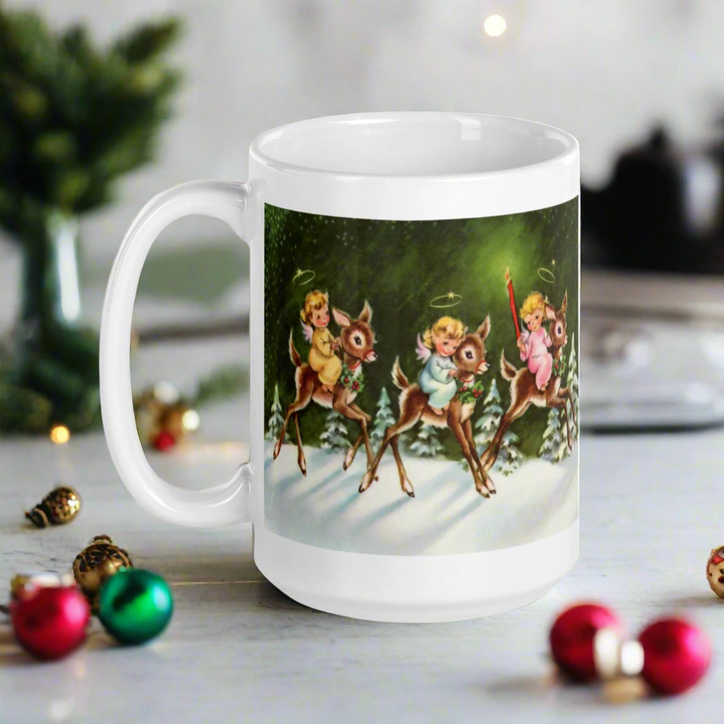 Angels And Reindeer Mid Century Retro Christmas Print Glossy Mug