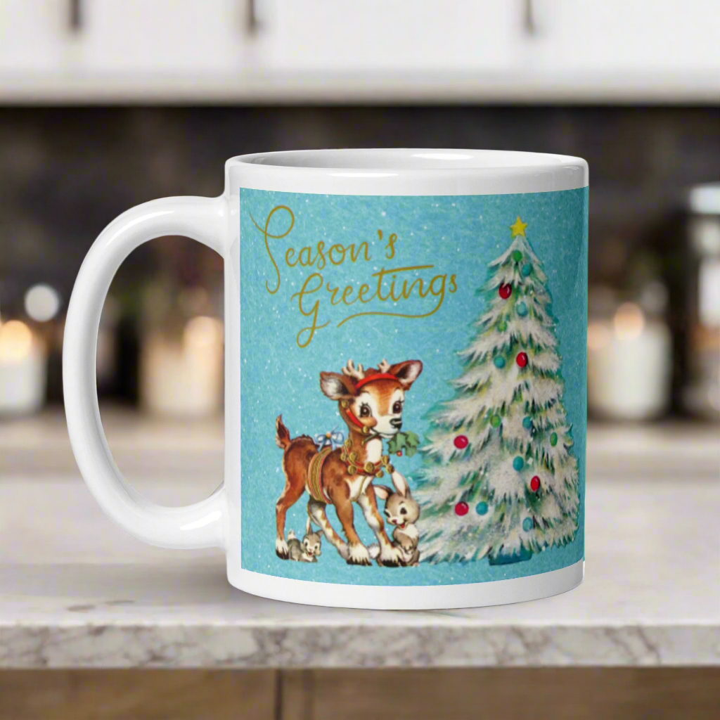 Seasons Greetings Reindeer Bunnies Retro Christmas Mug