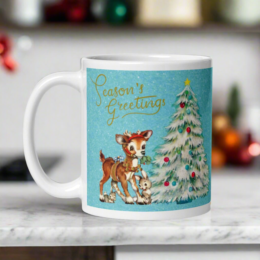 Seasons Greetings Reindeer Bunnies Retro Christmas Mug