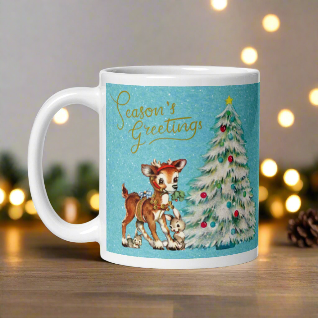 Seasons Greetings Reindeer Bunnies Retro Christmas Mug