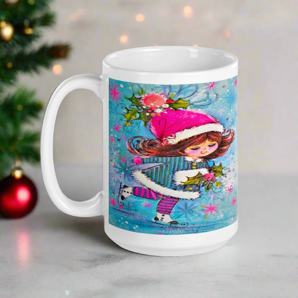 Ice Skating Girl Mod Retro Christmas Glossy Coffee Mug