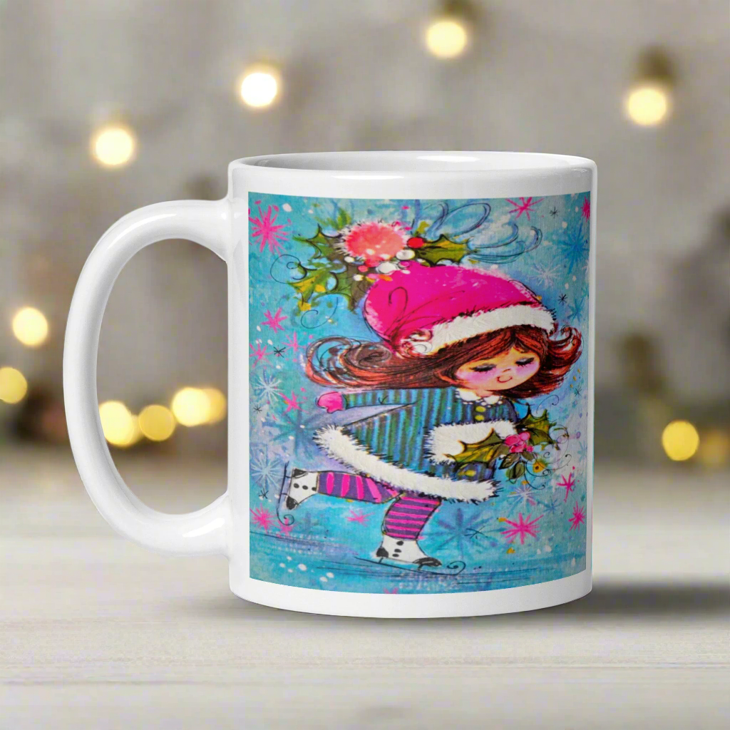 Ice Skating Girl Mod Retro Christmas Glossy Coffee Mug