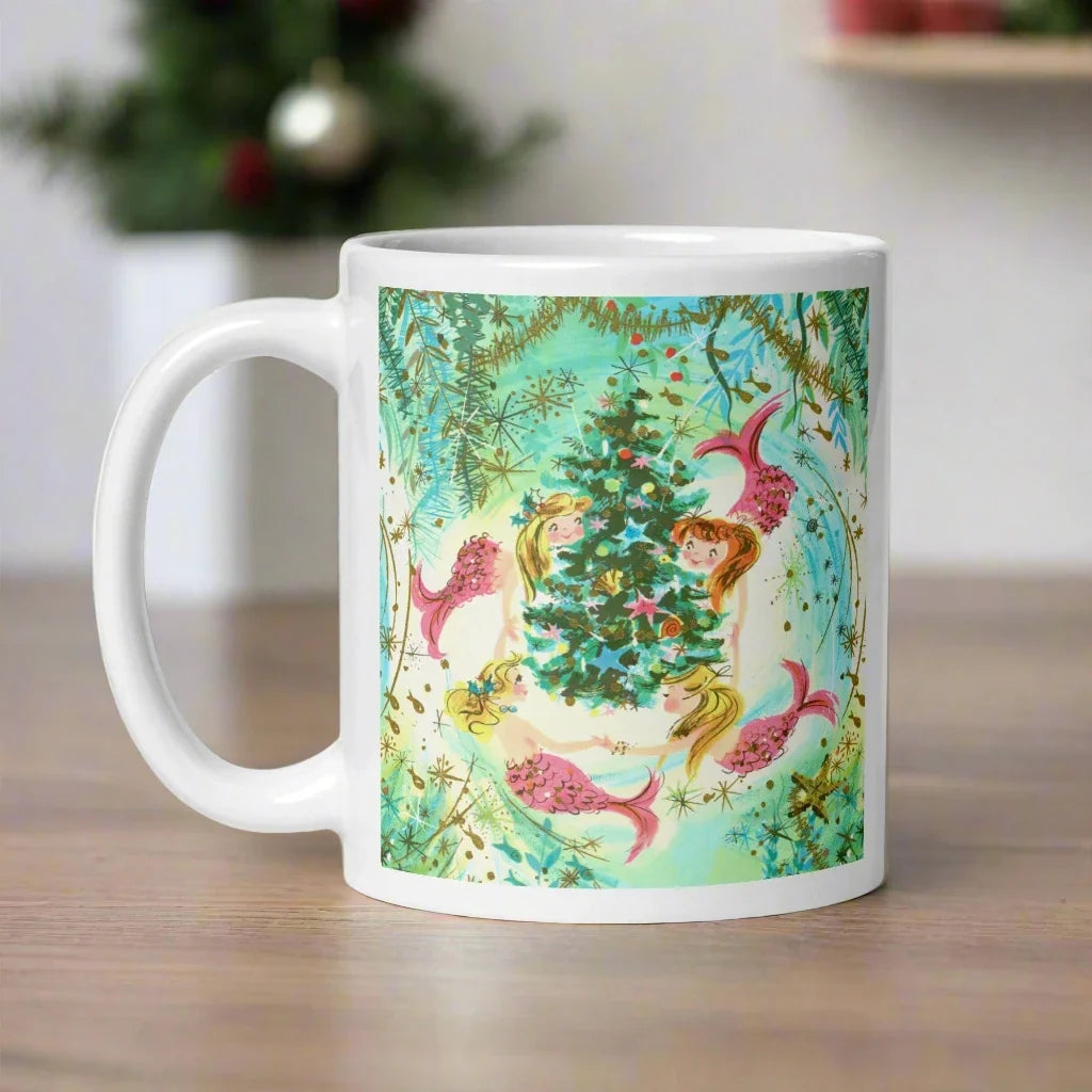 Mermaids Under The Sea Around The Christmas Tree Mid Century Retro Christmas Glossy Coffee Mug
