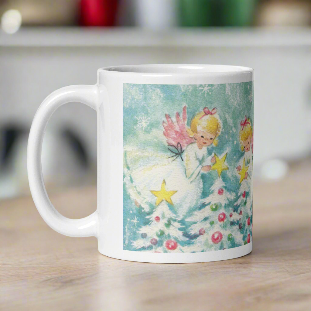 Christmas Angels Decorating Trees And Stars Midcentury Retro Glossy Coffee Mug