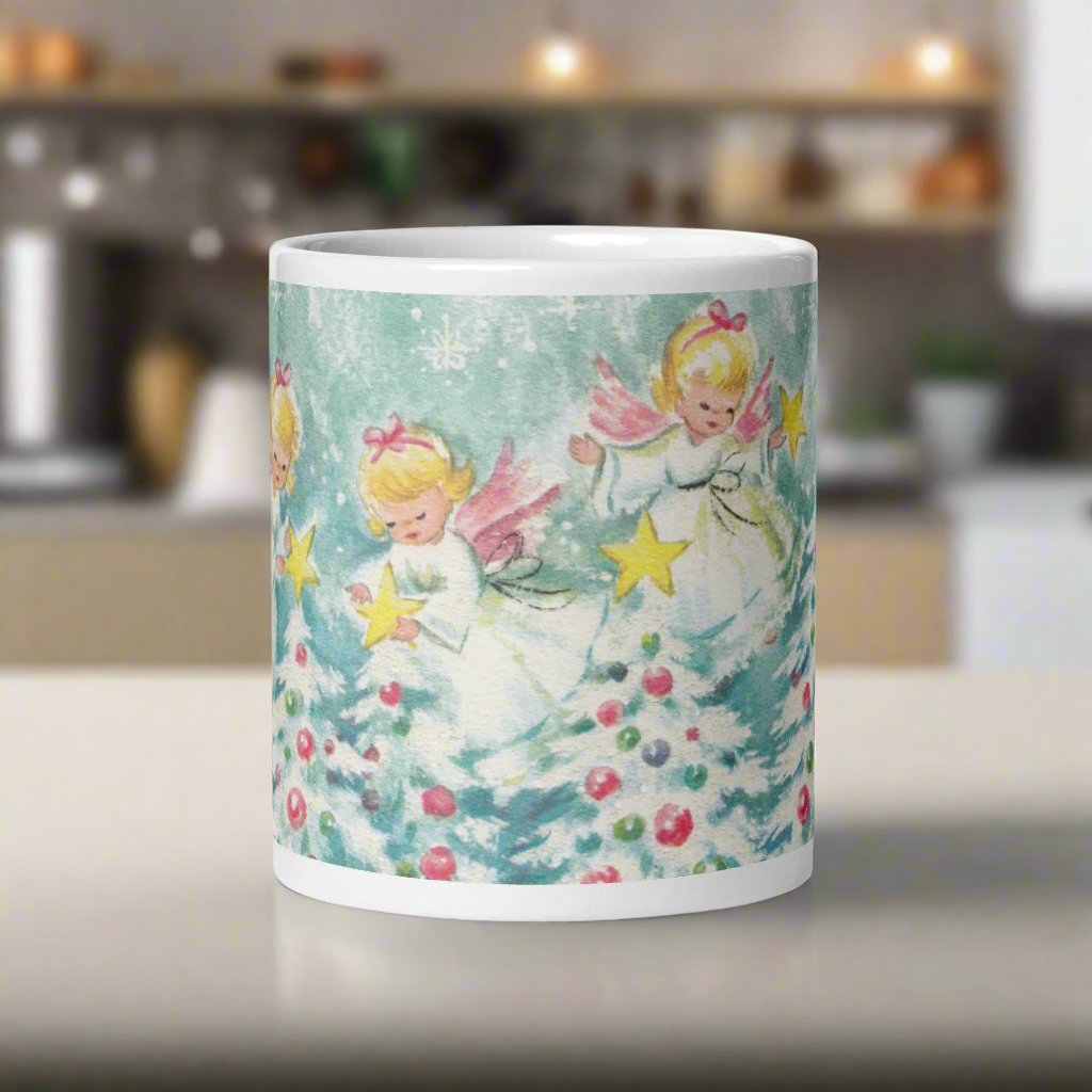 Christmas Angels Decorating Trees And Stars Midcentury Retro Glossy Coffee Mug