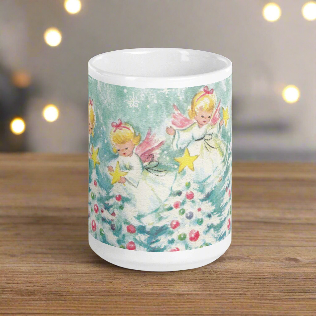 Christmas Angels Decorating Trees And Stars Midcentury Retro Glossy Coffee Mug