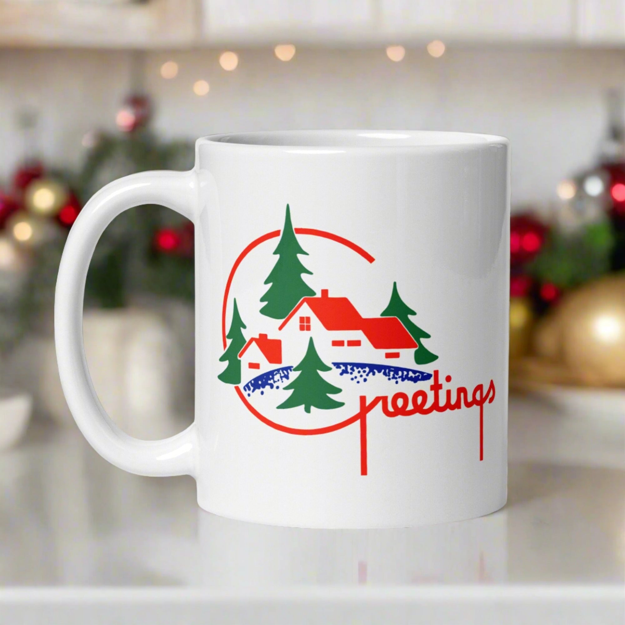 Greetings Mid Century Retro Christmas Print White Glossy Coffee Mug