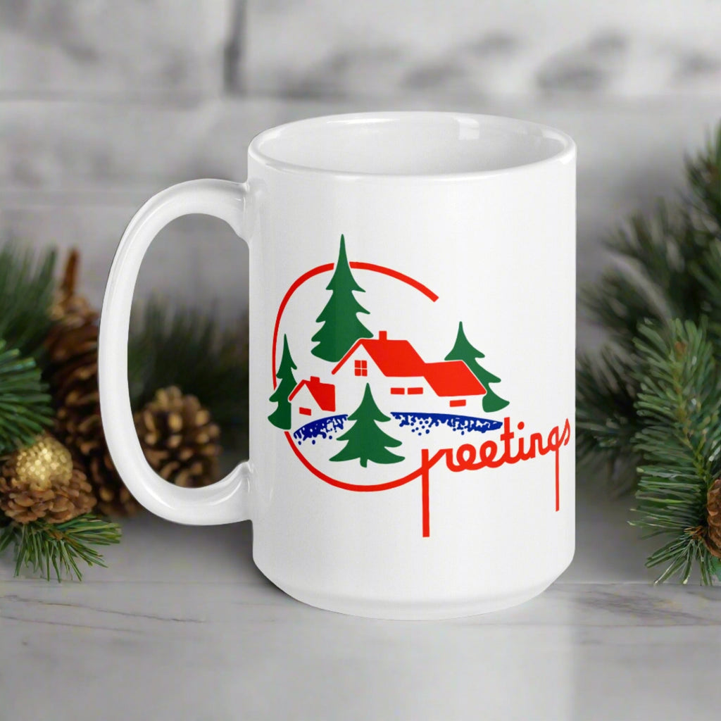 Greetings Mid Century Retro Christmas Print White Glossy Coffee Mug