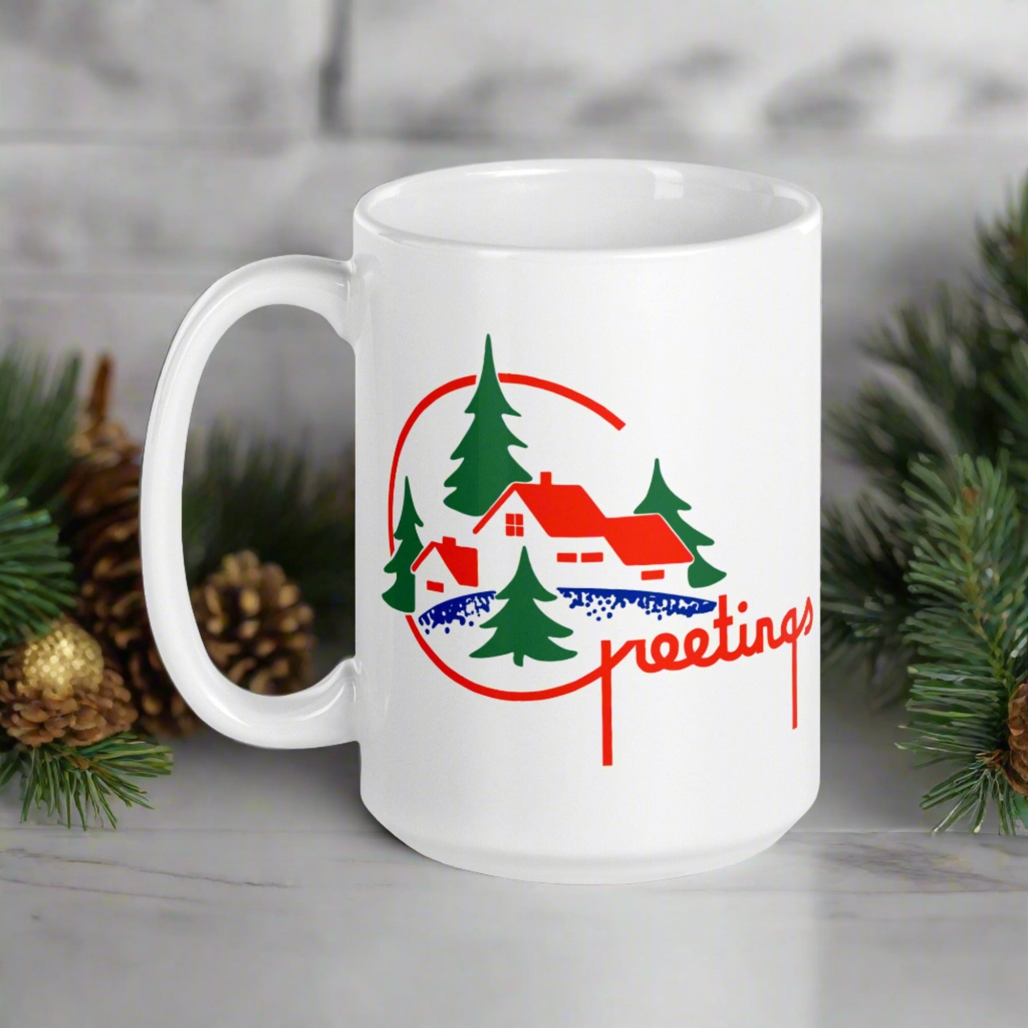 Greetings Mid Century Retro Christmas Print White Glossy Coffee Mug