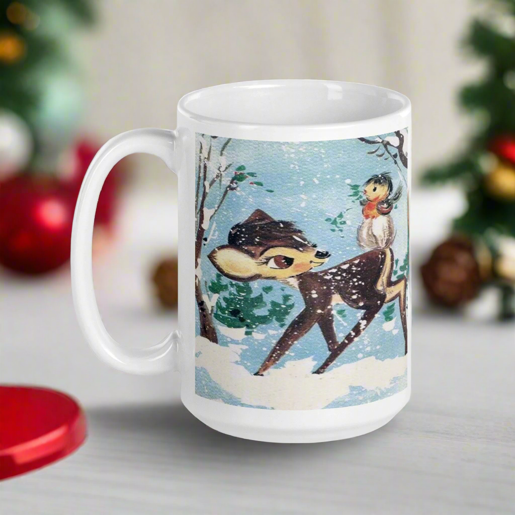 Fawn Baby Deer With Bird In Snow Retro Winter Christmas Glossy Coffee Mug