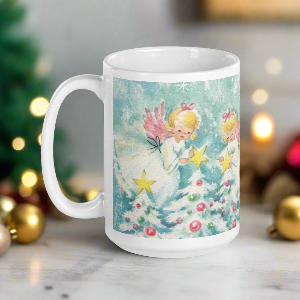 Christmas Angels Decorating Trees And Stars Midcentury Retro Glossy Coffee Mug