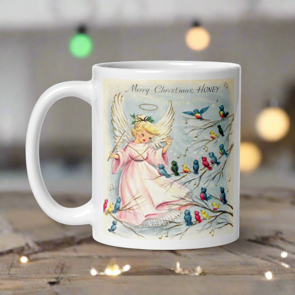Merry Christmas Honey Angel Songbirds Midcentury Glossy Coffee Mug