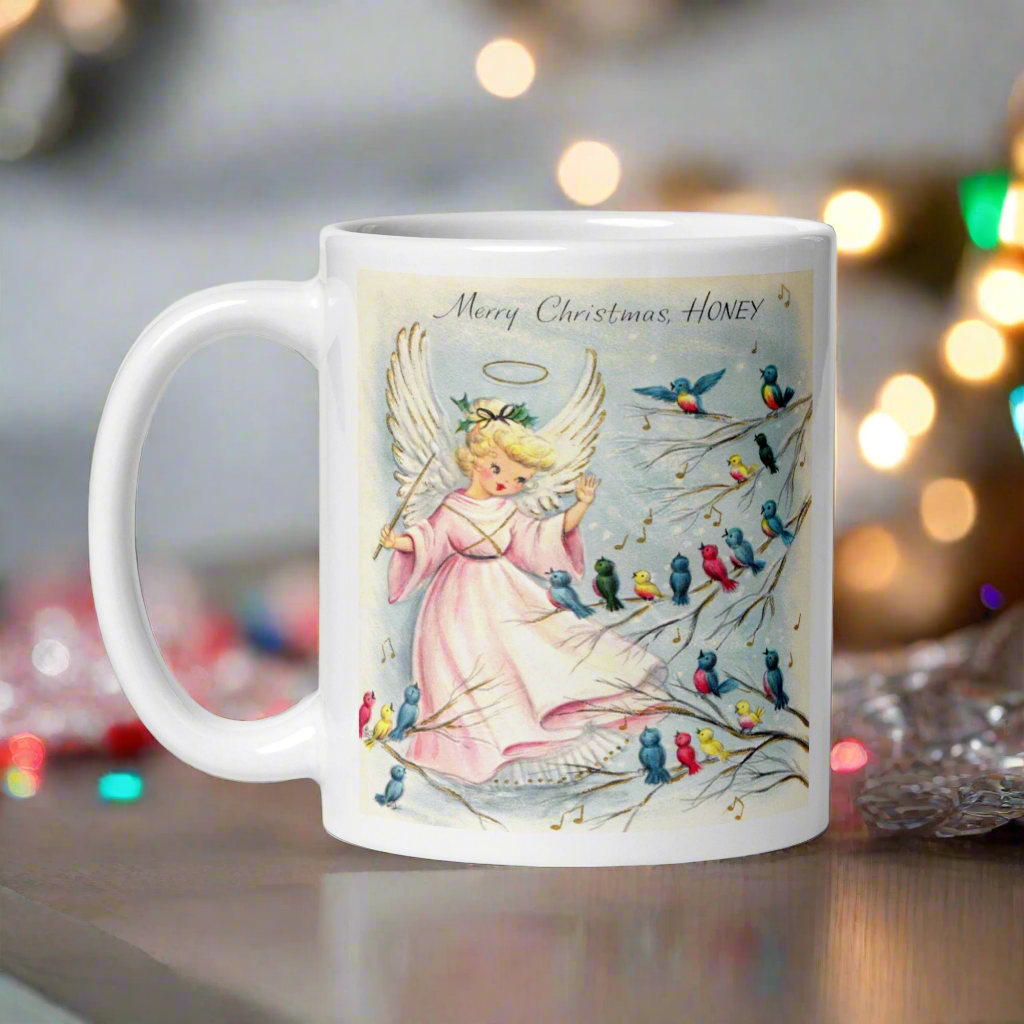 Merry Christmas Honey Angel Songbirds Midcentury Glossy Coffee Mug