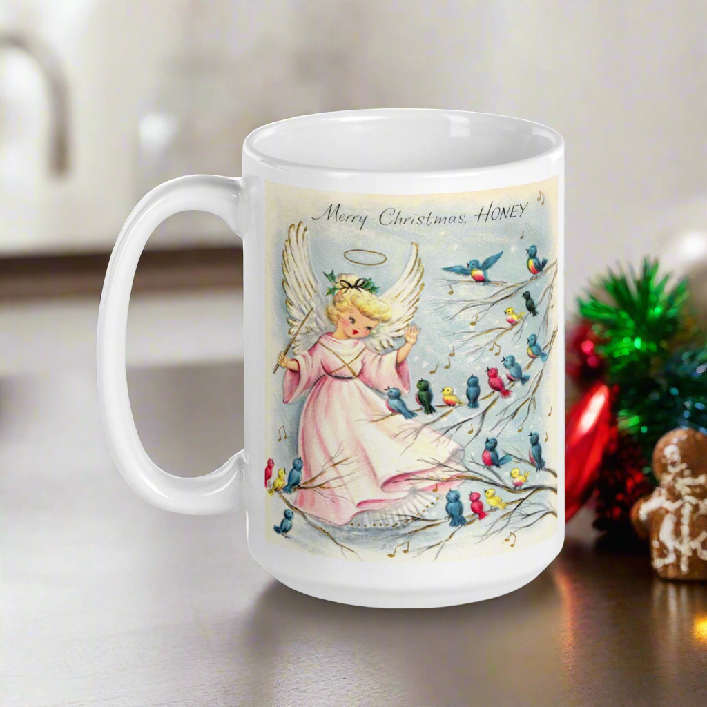 Merry Christmas Honey Angel Songbirds Midcentury Glossy Coffee Mug