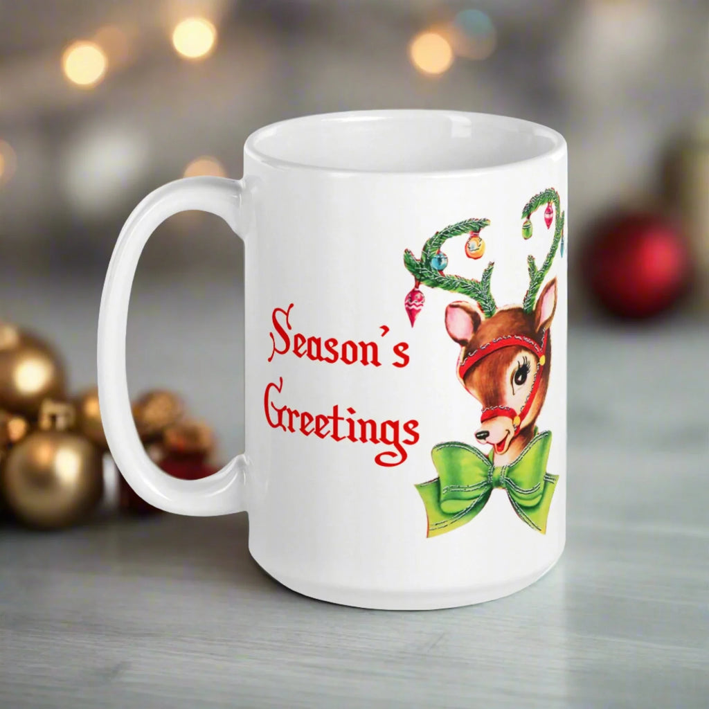 Season's Greetings Reindeer Retro Mid Century Christmas Print White Glossy Mug