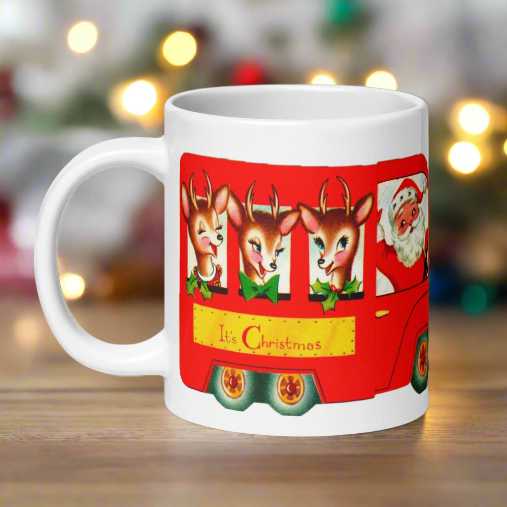It’s Christmas Santa Reindeer Bus Mid Century Retro Christmas Print Glossy Mug