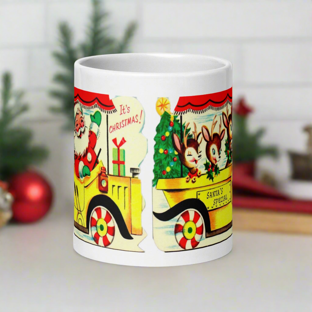 Santa And Reindeer In Bus Mid Century Retro Christmas Print Glossy Mug