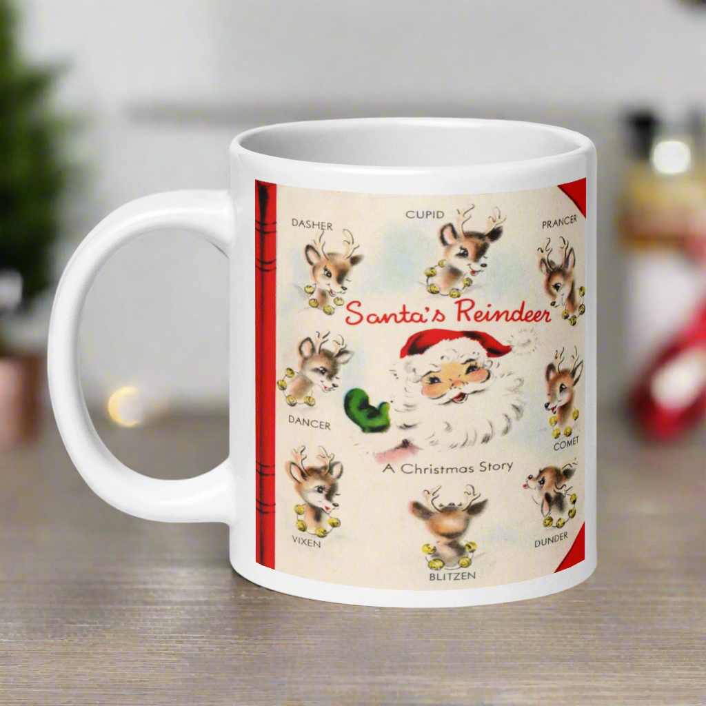 Santa’s Reindeer Story Christmas Midcentury Retro Glossy Coffee Mug