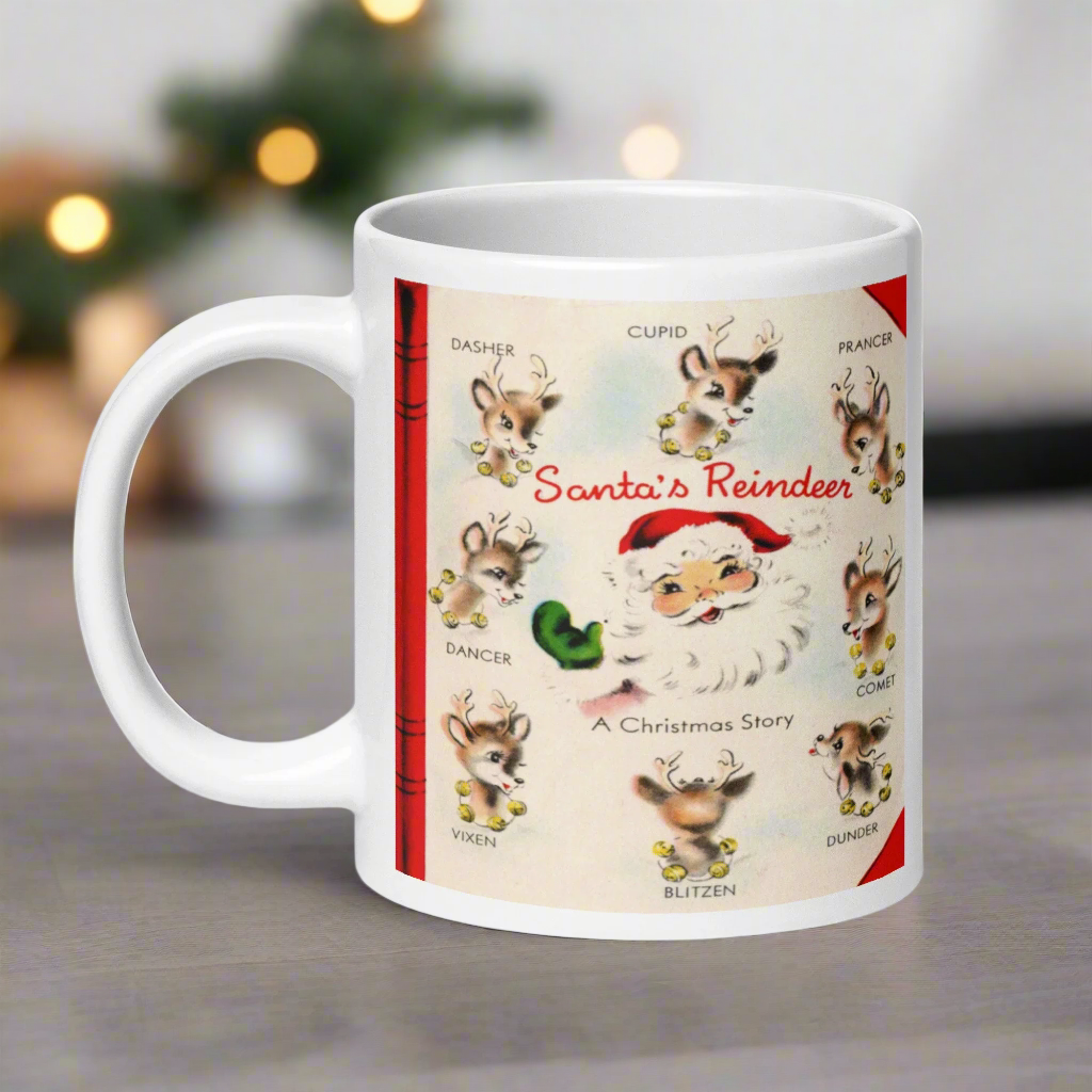 Santa’s Reindeer Story Christmas Midcentury Retro Glossy Coffee Mug