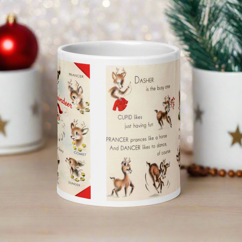 Santa’s Reindeer Story Christmas Midcentury Retro Glossy Coffee Mug