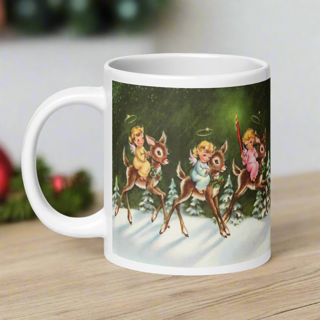 Angels And Reindeer Mid Century Retro Christmas Print Glossy Mug