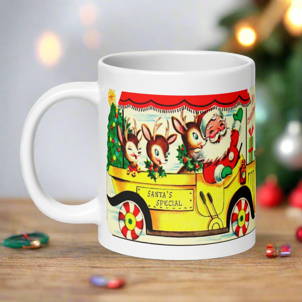 Santa And Reindeer In Bus Mid Century Retro Christmas Print Glossy Mug
