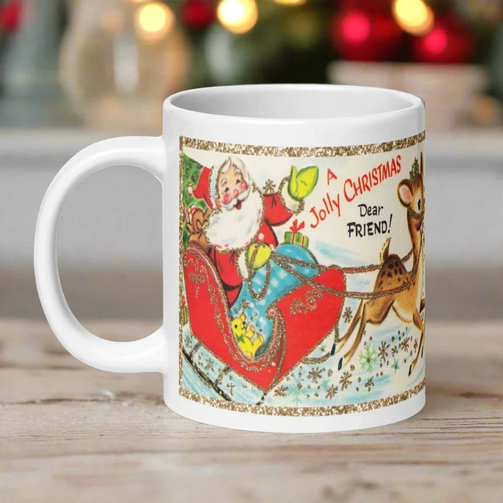 A Jolly Christmas Dear Friend Santa Reindeer Retro Christmas Glossy Mug