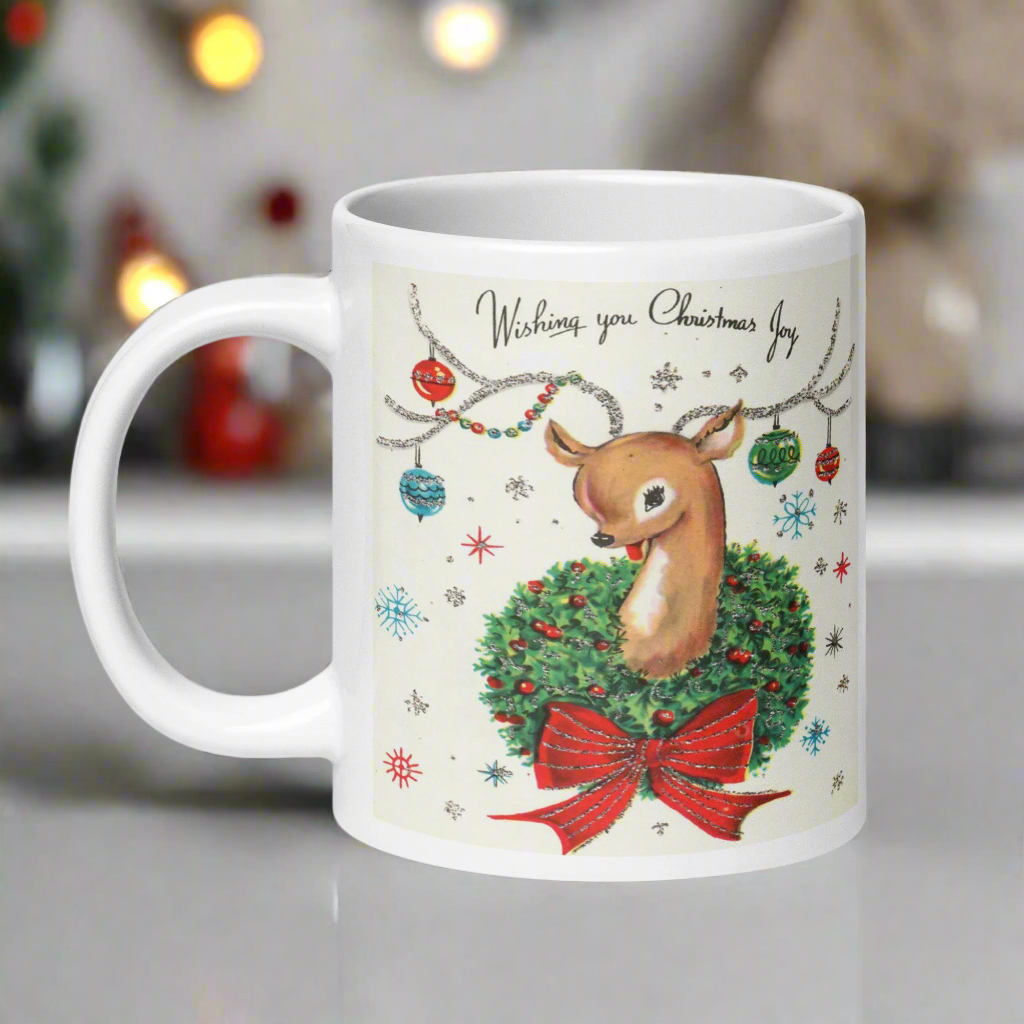 Wishing You Christmas Joy Reindeer With Ornaments Midcentury Retro Christmas Glossy Coffee Mug