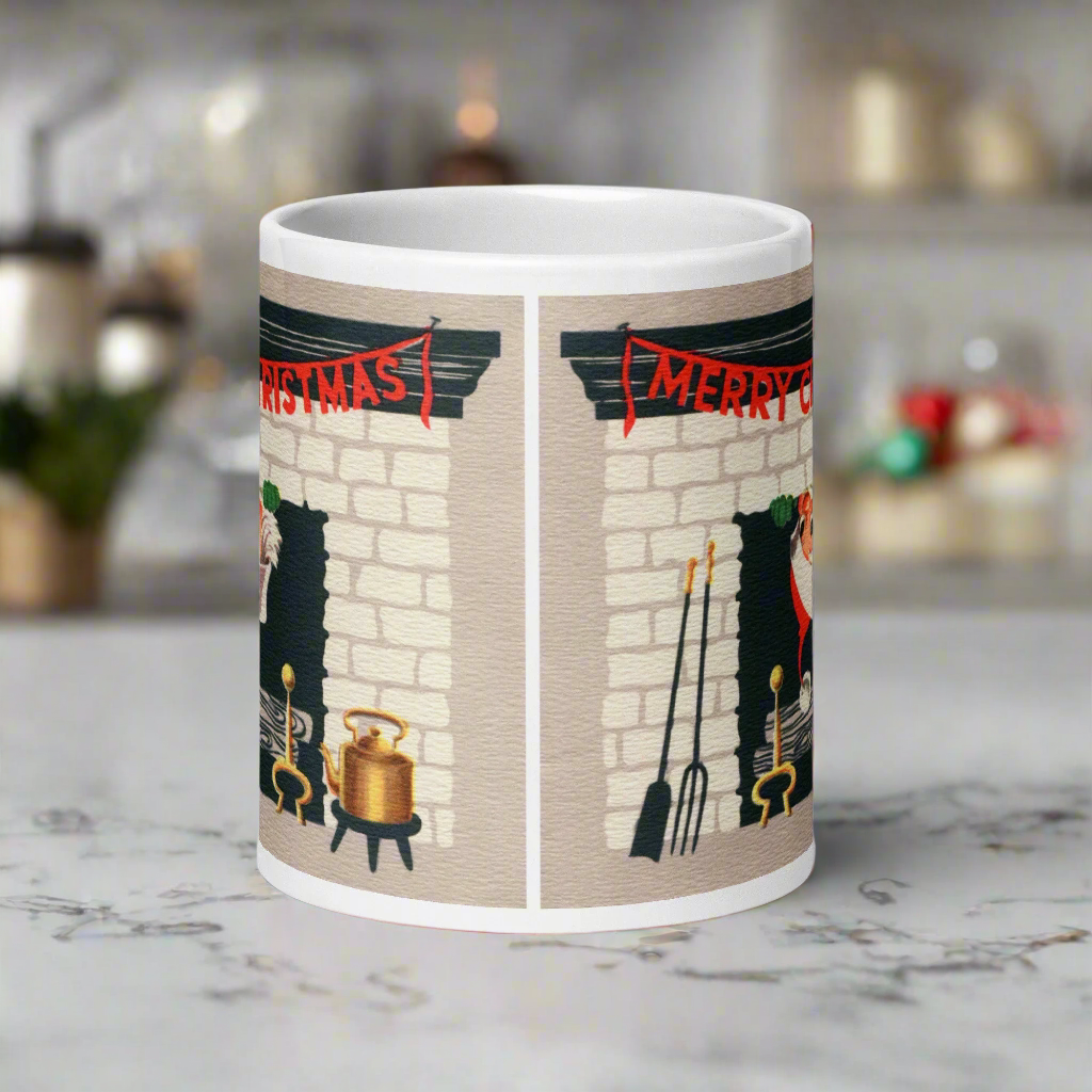 Merry Christmas Santa In Fireplace Midcentury Retro Glossy Coffee Mug