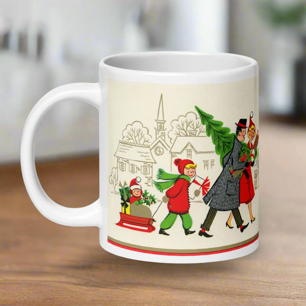 Family Christmas With Tree Mid Century Retro Christmas Print Glossy Mug