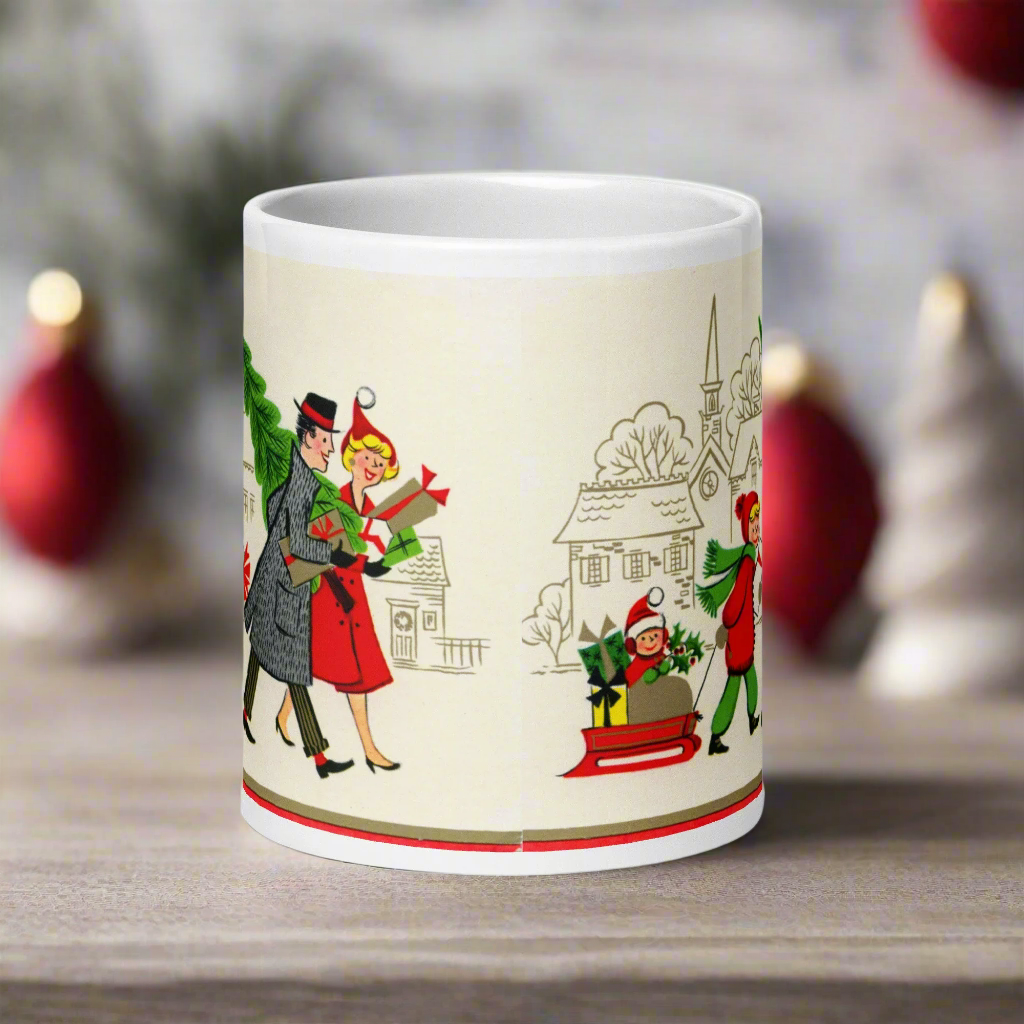 Family Christmas With Tree Mid Century Retro Christmas Print Glossy Mug
