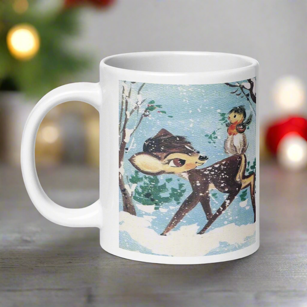 Fawn Baby Deer With Bird In Snow Retro Winter Christmas Glossy Coffee Mug