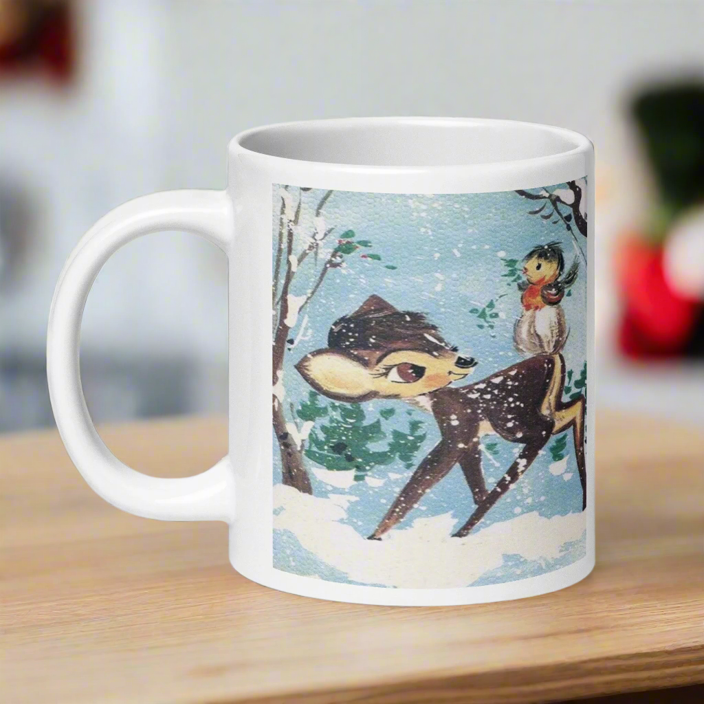 Fawn Baby Deer With Bird In Snow Retro Winter Christmas Glossy Coffee Mug