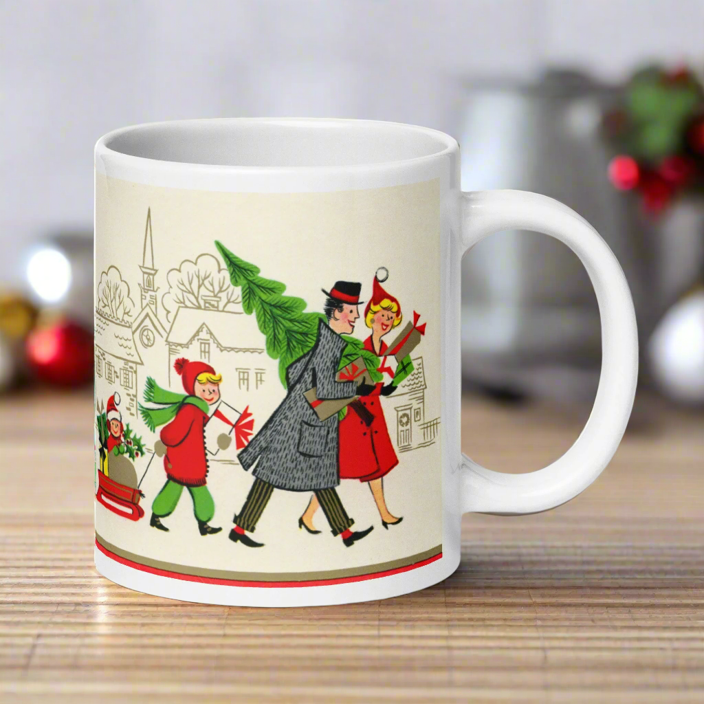 Family Christmas With Tree Mid Century Retro Christmas Print Glossy Mug