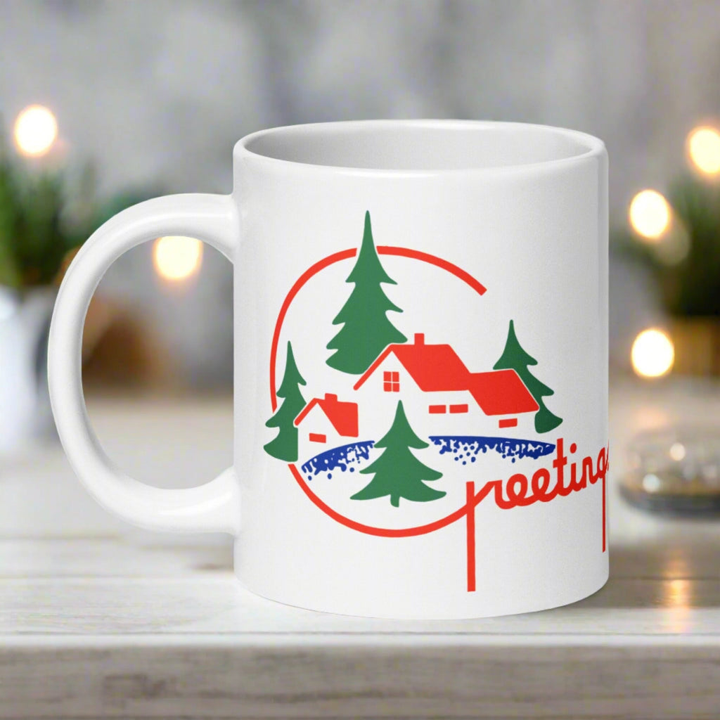 Greetings Mid Century Retro Christmas Print White Glossy Coffee Mug