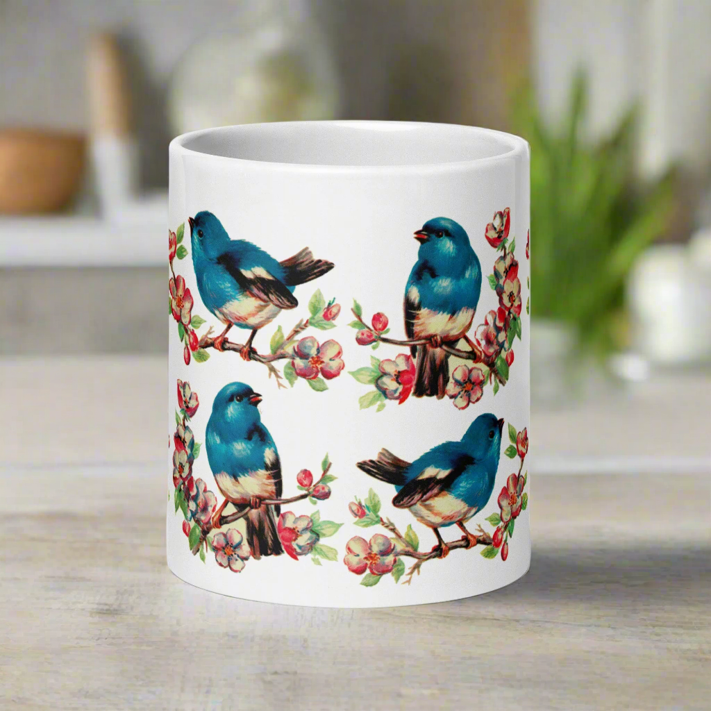 Vintage Style Retro Spring Bluebirds Glossy Coffee Mug