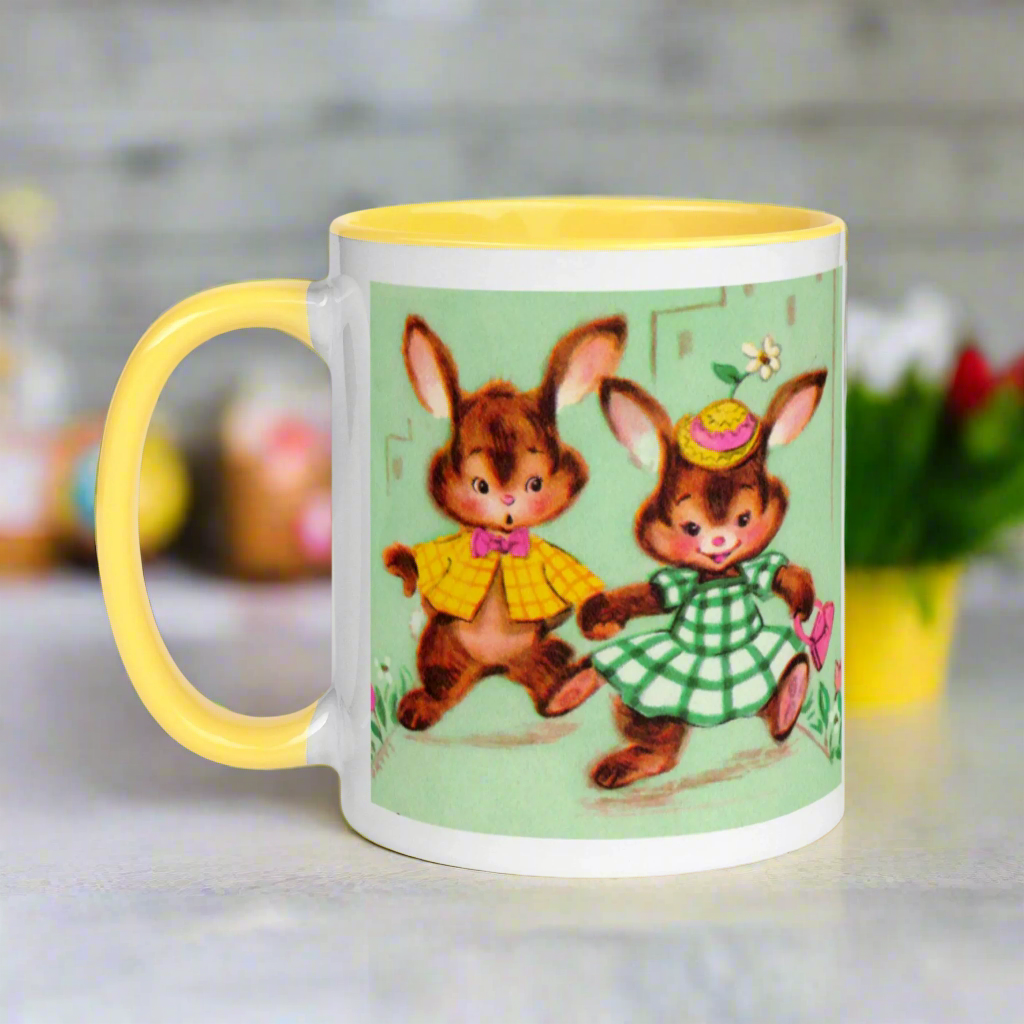 Midcentury Easter Bunnies Yellow Or Pink Lined Glossy Coffee Mug