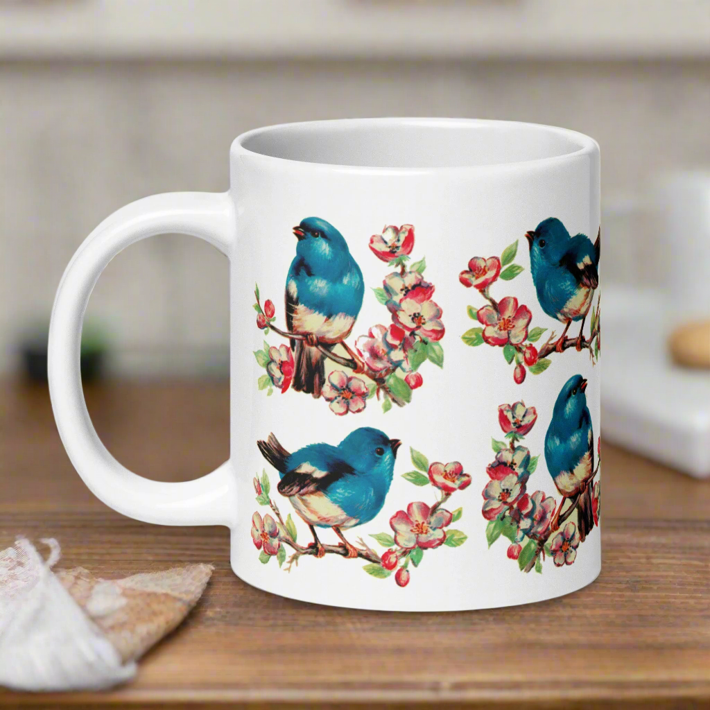 Vintage Style Retro Spring Bluebirds Glossy Coffee Mug