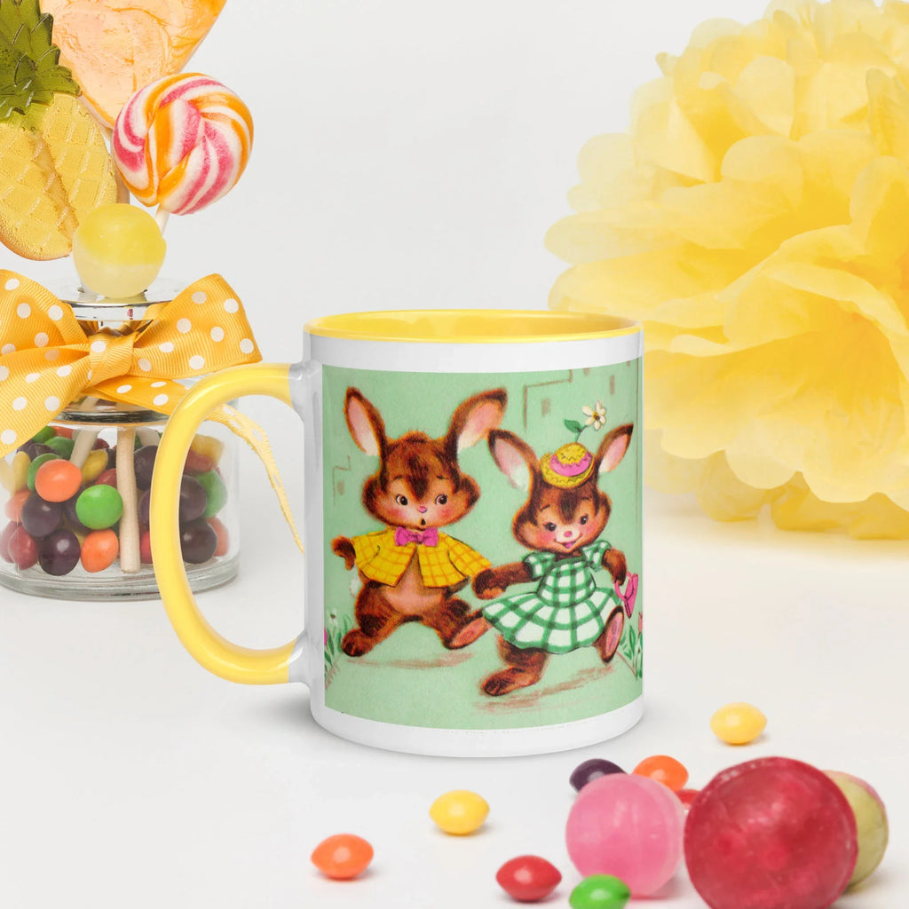 Midcentury Easter Bunnies Yellow Or Pink Lined Glossy Coffee Mug