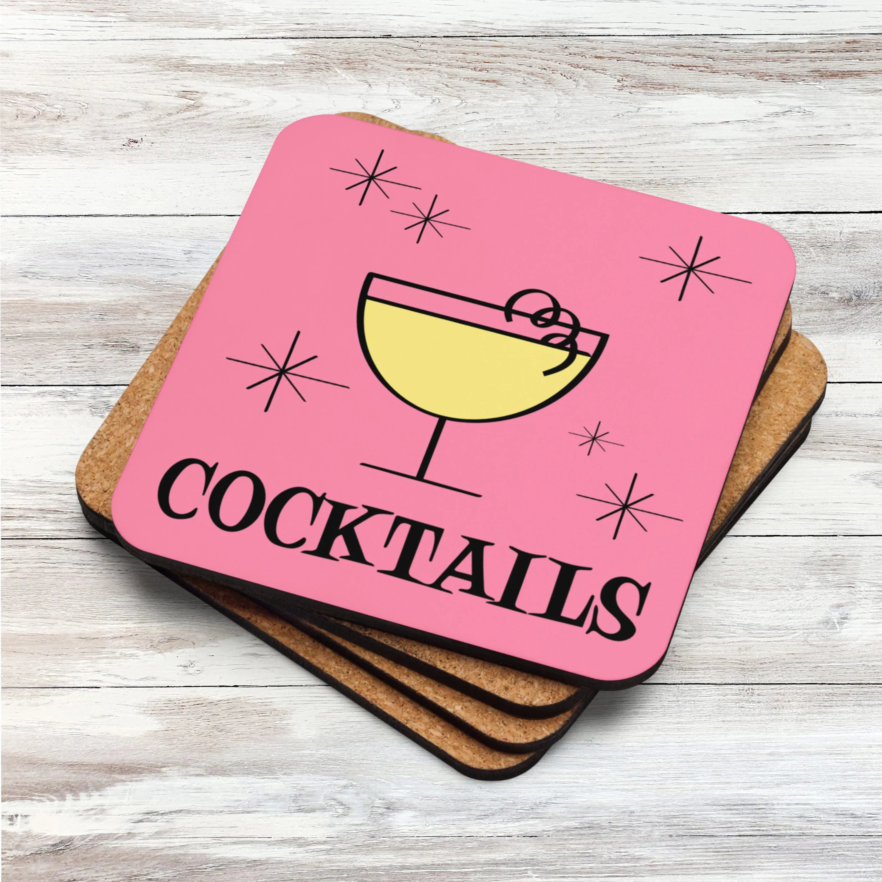 Cocktails Pink Mid Century Retro Style Cork-back Coaster