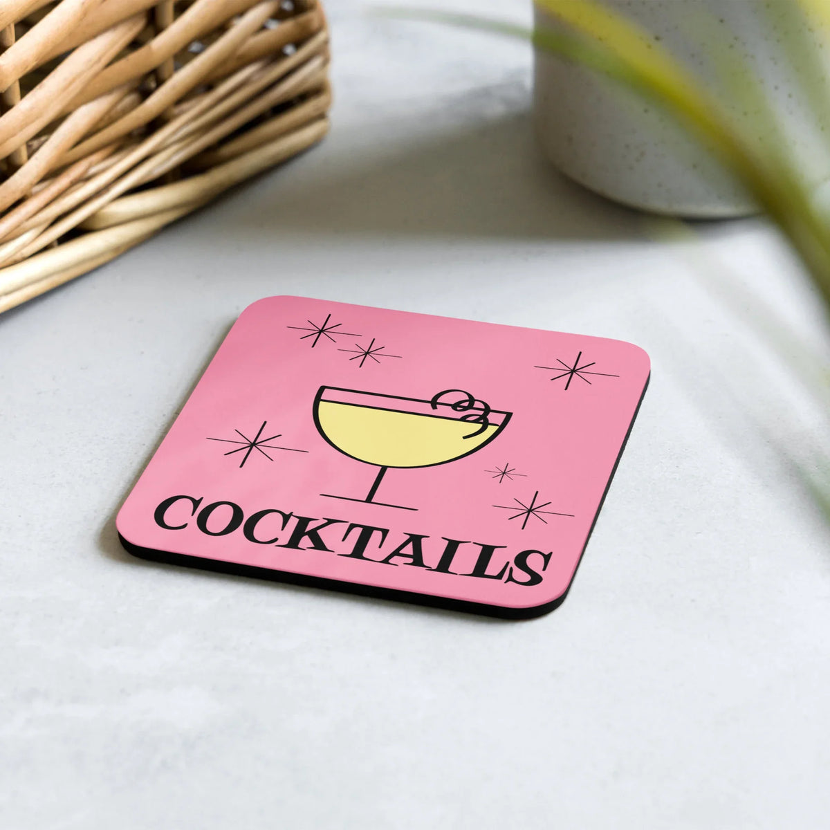 Cocktails Pink Mid Century Retro Style Cork-back Coaster