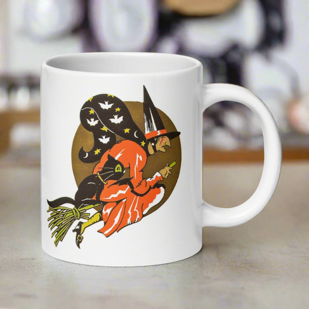 Gold Moon Halloween Witch Black Cat Retro Glossy Coffee Mug