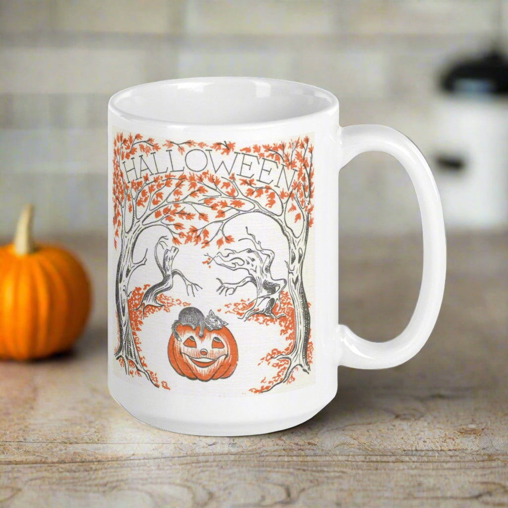 Halloween Trees Black Cat Pumpkin Retro Halloween Glossy Coffee Mug