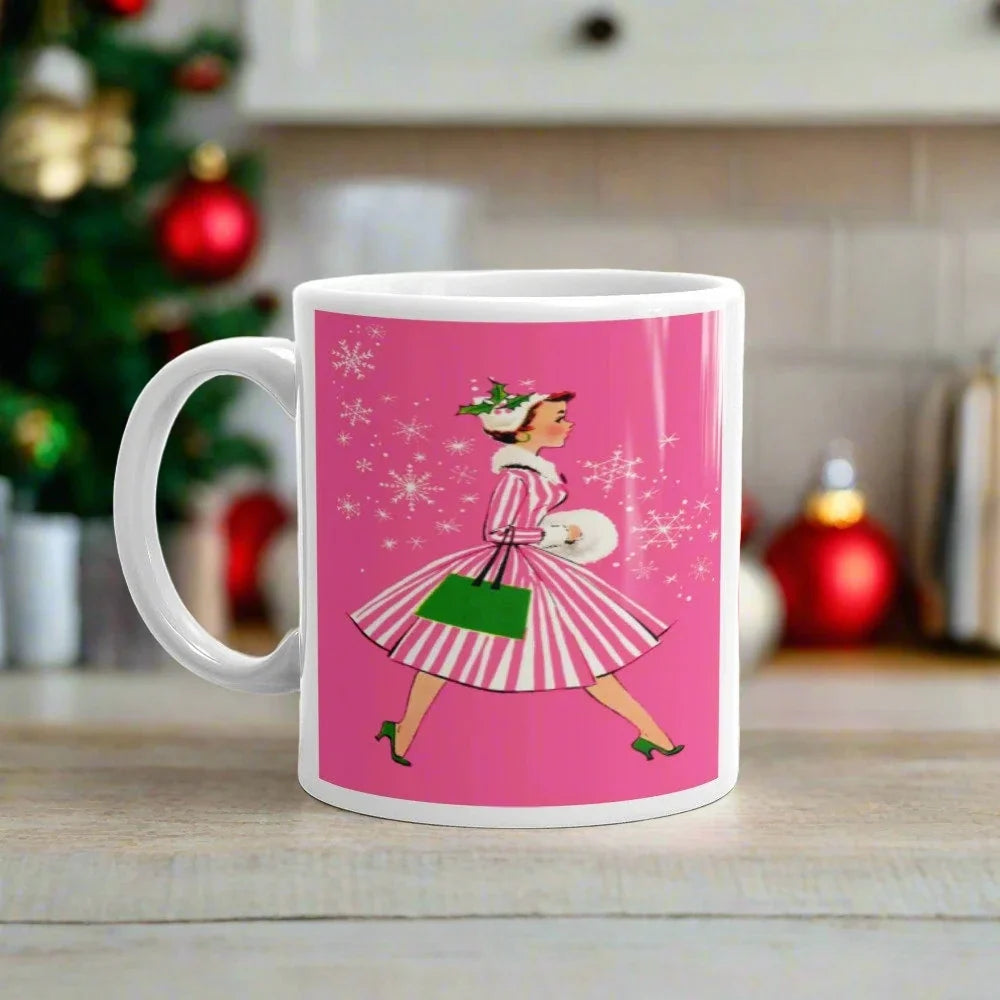 Pink Christmas Lady Mid Century Retro Christmas Print Glossy Mug