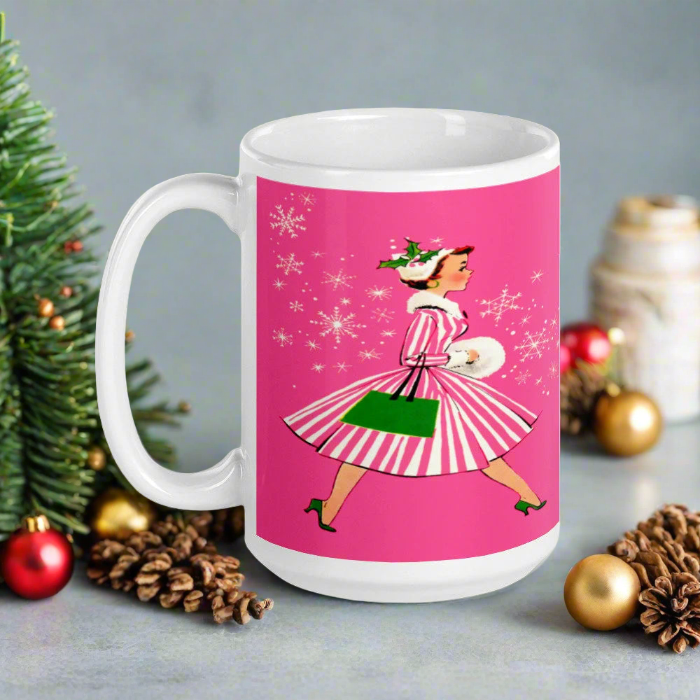 Pink Christmas Lady Mid Century Retro Christmas Print Glossy Mug