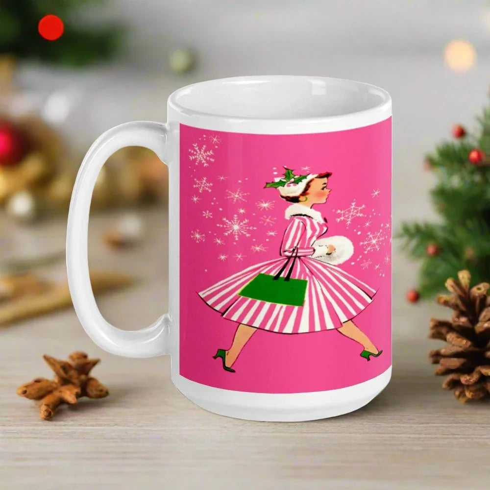 Pink Christmas Lady Mid Century Retro Christmas Print Glossy Mug