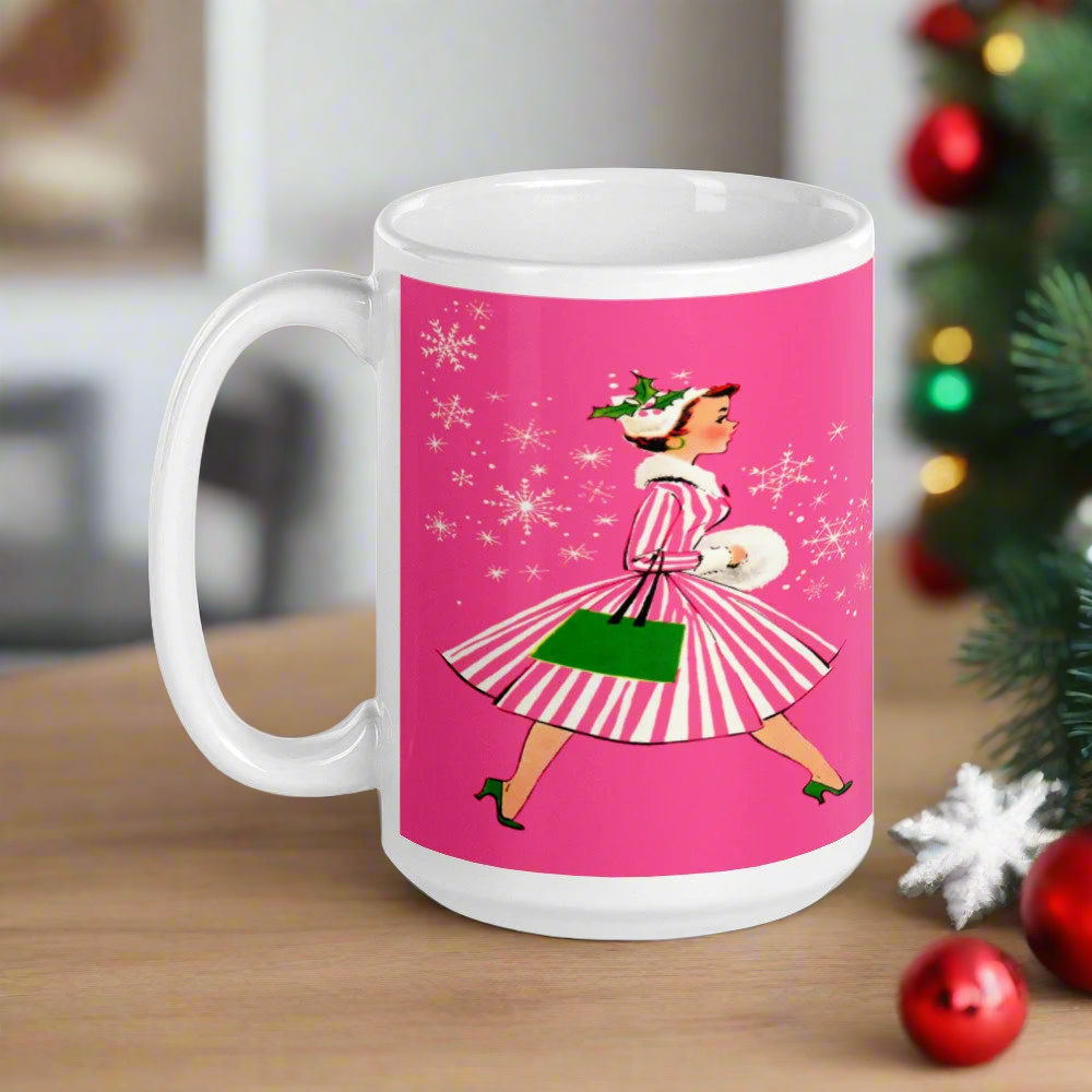 Pink Christmas Lady Mid Century Retro Christmas Print Glossy Mug